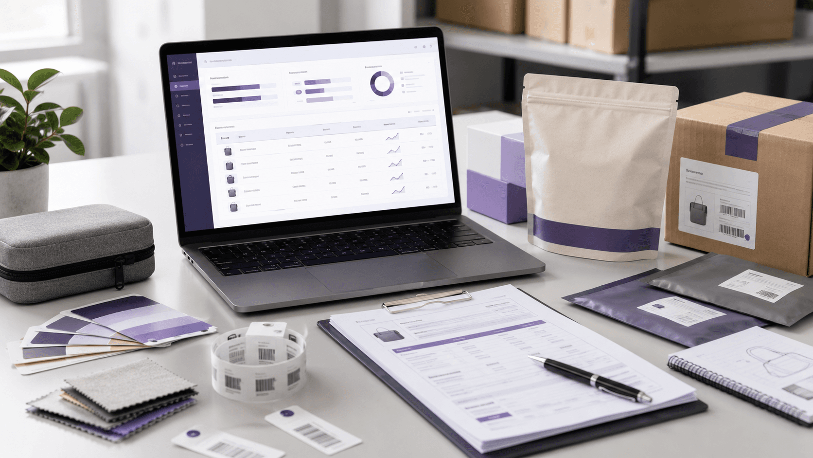 Quality control and sourcing review before fulfillment Quality control and sourcing review desk with product samples, supplier notes, and packaging documents