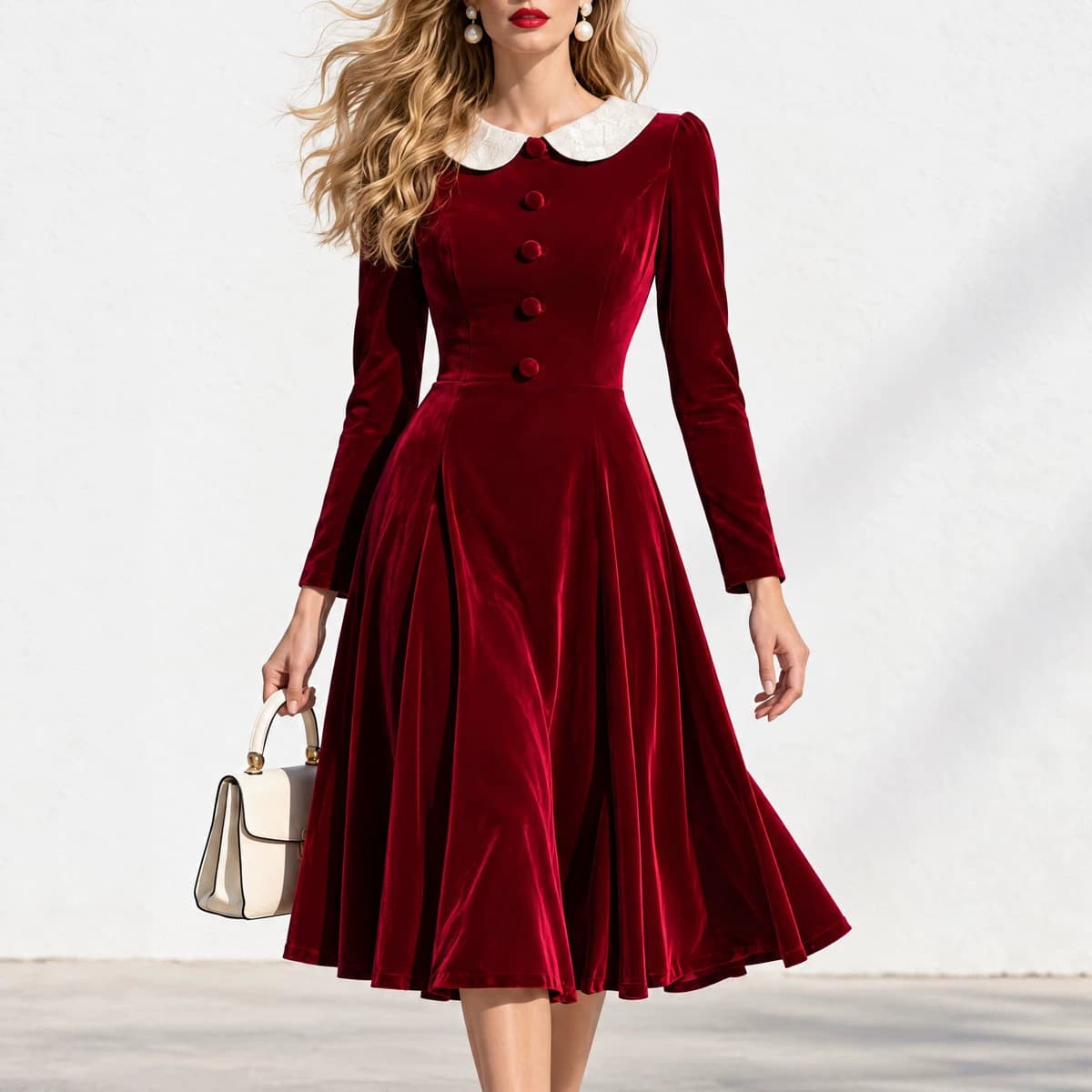 Womens Cinched-waist Flared Vintage Velvet Dress