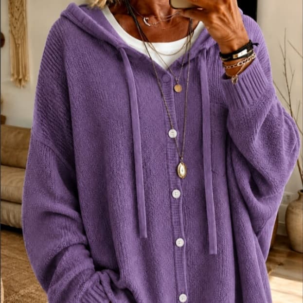Women's Button-down Knit Hooded Drawstring Sweater Women's Button-down Knit Hooded Drawstring Sweater