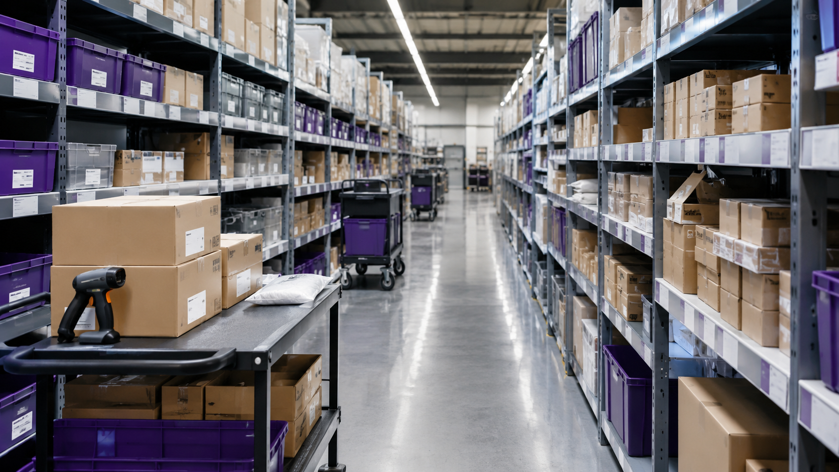 Shenzhen warehouse aisle holding stocked SKUs for fast TikTok Shop order dispatch
